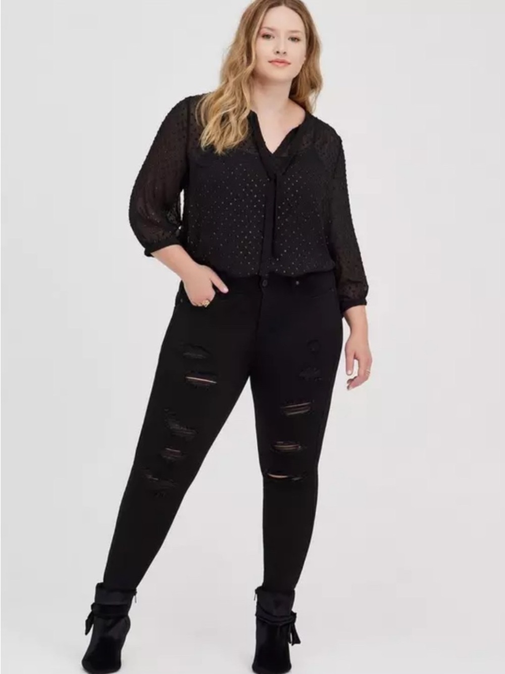 Size 4 Torrid Women’s Peasant Blouse Georgette Metallic Clip Dot Black Sheer Top - Picture 4 of 10